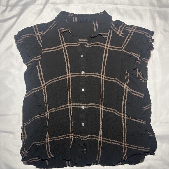 Jane & Delancey 2X Black Brown Plaid Button Up Blouse Textured Rayon Stretch - Picture 1 of 8